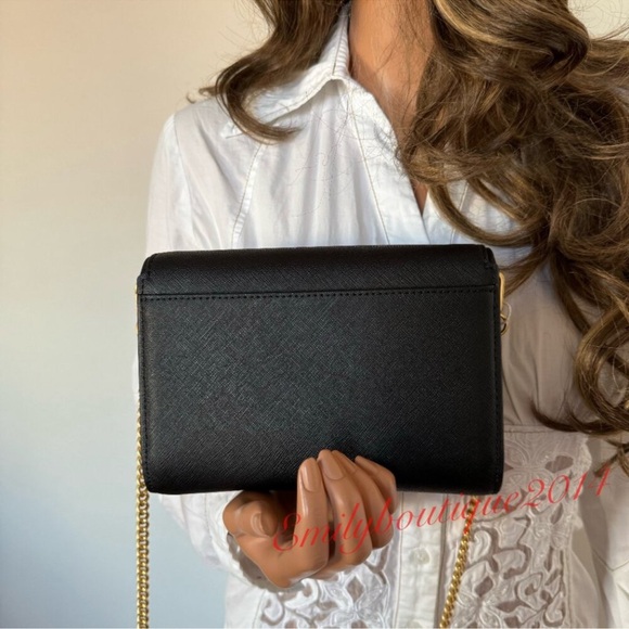 NWT Tory Burch 136093 Emerson Chain Wallet Saffiano Leather Black Messenger Bag